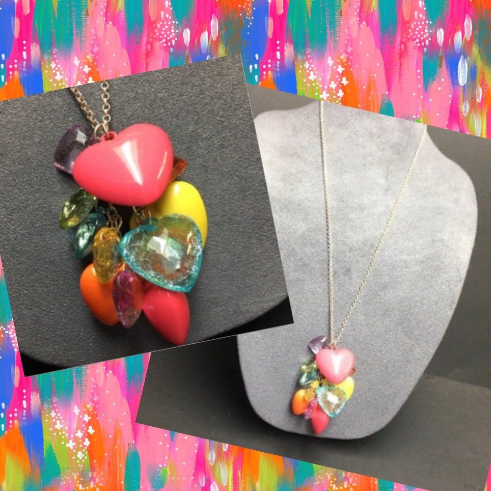 Heart Dangle Silver Necklace Multicolor Translucent Faceted Valentine Barbie